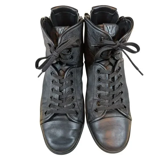 LOUIS VUITTON LV Damier High Top Sneakers Double Zip Black 9.5 Lace Up - Picture 4 of 14